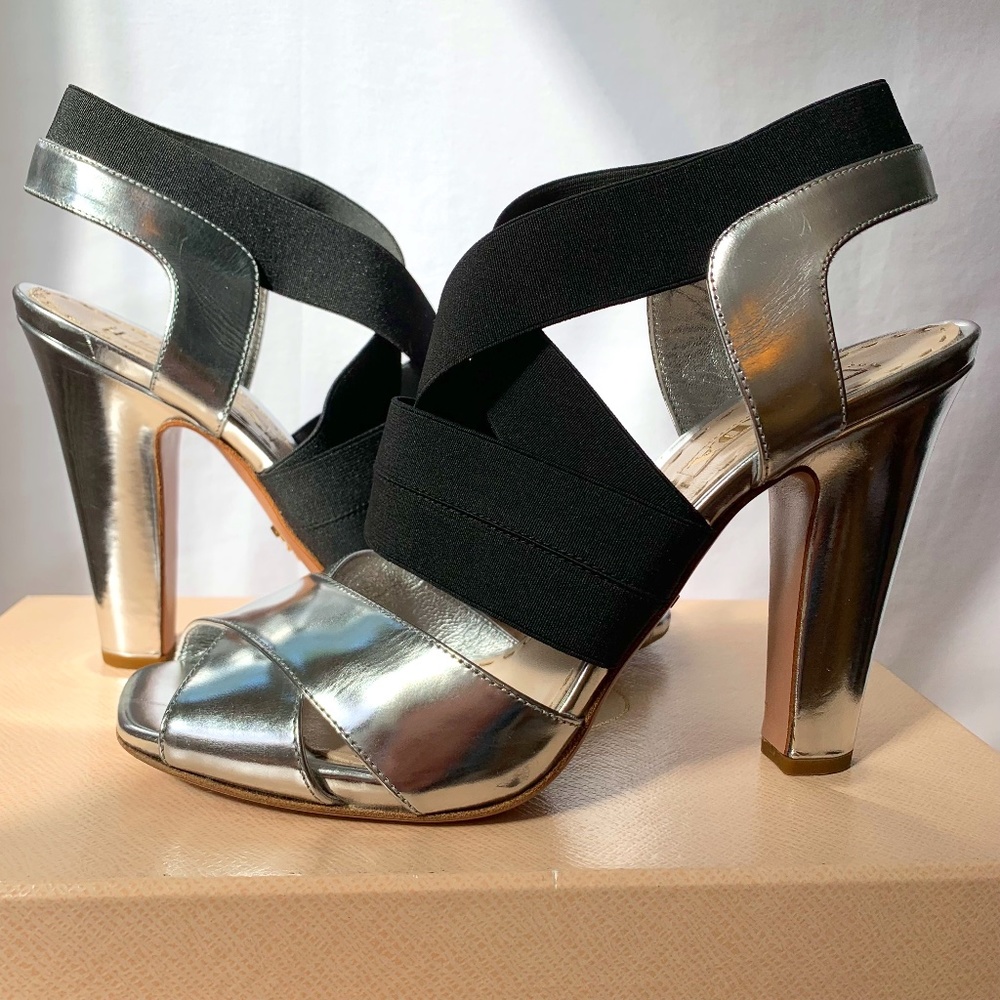 Prada Leather Elastic Heeled Sandal 39